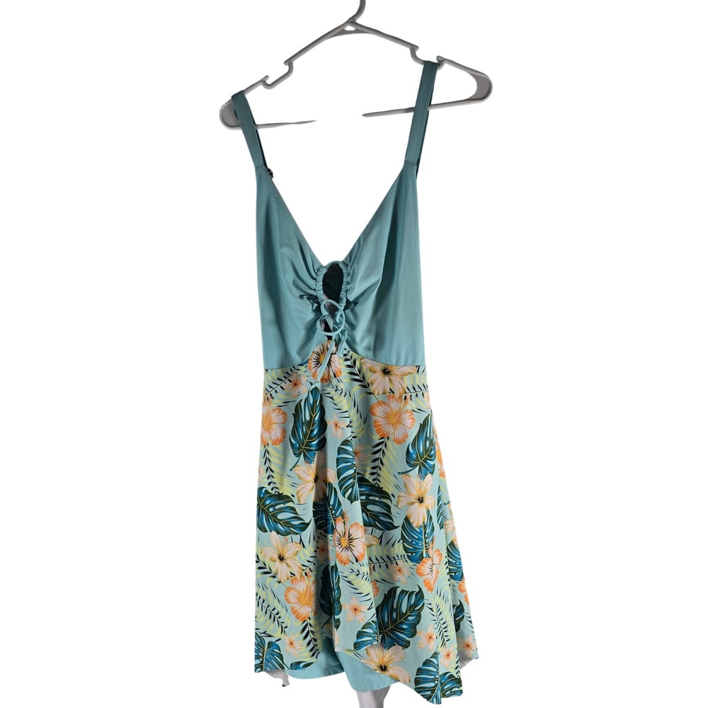 Hanna Nikole 28W Tropical Hibiscus Swim Dress Blue Floral One Piece Swimsuit